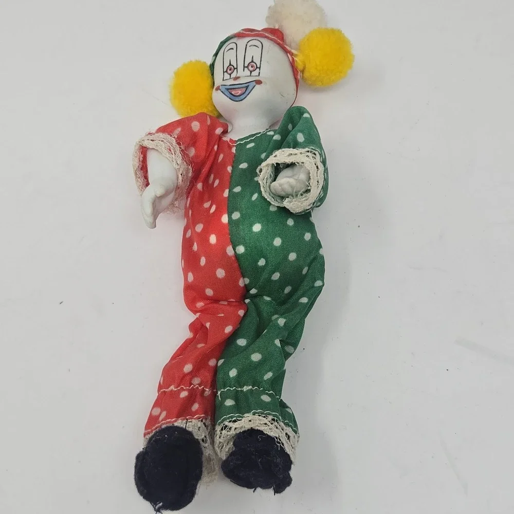 Vintage Bisque Porcelain Head Clown Doll Harlequin Red Green Polka Dot Outfit